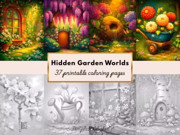 Hidden Garden Worlds Adult Coloring Book, Secret Garden Grayscale Pages, Printable PDF, Colored Version
