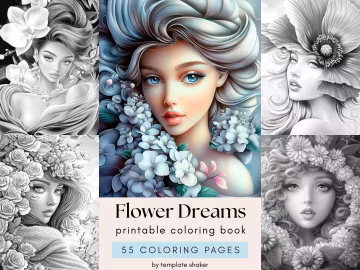 Floral Portraits Adult Coloring Book: Grayscale Women & Flowers Pages, Printable PDF + Colored Version