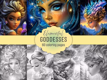 Elemental Goddesses Adult Coloring Book: Grayscale Pages, Fantasy Portraits, Printable PDF, Colored Version Included