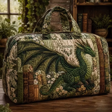 Personalized Floral Dragon Quilted Duffel Bag, Vintage Dragon Travel Bag, Name Tote Bag, Fantasy Aesthetic Bag, Mythical Dragon Gym Bag Gift