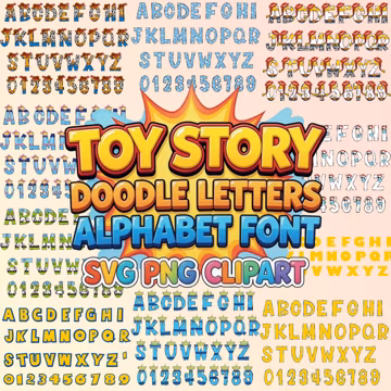 Toy Story Doodle Alphabet PNG SVG Bundle, Woody Buzz Letter Font, Custom Name Shirt Design, Birthday Party Sublimation Clipart Digital File