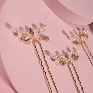 Gold Pearl Hair Pins: Crystal Wedding Hair Accessories, Set of 3