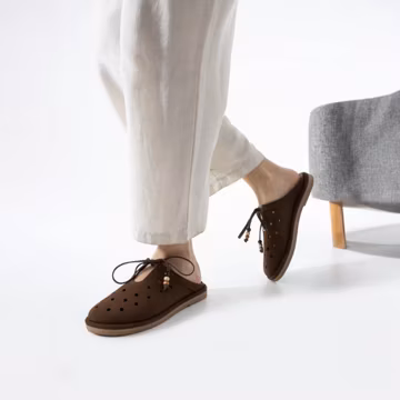 Women's Brown Suede Mules | Beaded Closed Toe Slippers | 2cm Heel Cozy Boho Style