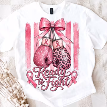 Ready to Fight Pink Boxing Gloves PNG Sublimation Art, breast cancer awareness design glitter leopard bow, digital download.