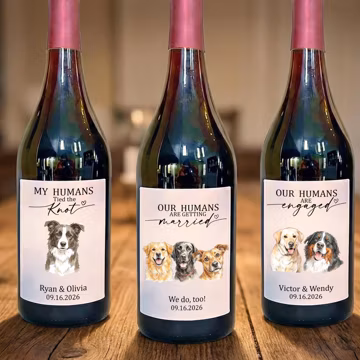 Personalized Watercolor Pet Portrait Wine Bottle Labels, Custom Text and Date, Wedding & Anniversary Favors, Dog Mom Memorial Gift