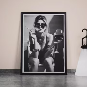 Girl On Toilet Wall Art: Woman Drinking Wine Poster, Funny Bathroom Print