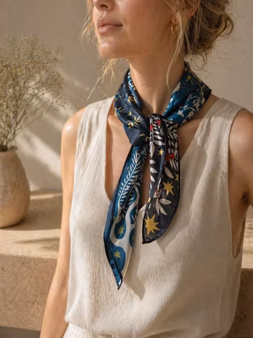 Mulberry Silk Scarf, 26" Square, Lightweight French Style Bandana, Blue Ivory