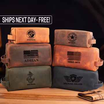 Custom Leather Military Toiletry Bag, Personalized Military Dopp Kit, Gifts for Veterans, Patriotic Travel Bag, Army Graduation Gifts
