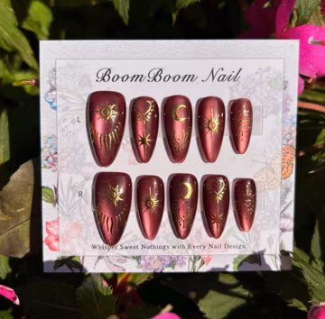 Celestial Press On Nails, Burgundy Cat Eye Nails, Witchy Tarot Nail Set, Gold Moon Star Nails, Mystic Galaxy Nails, Handmade Reusable Nails