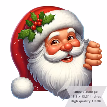1 PNG Santa Christmas peeking Wall, Clipart Images, Digital design PNG file for sublimation, High Resolution, Instant Digital PNG Download