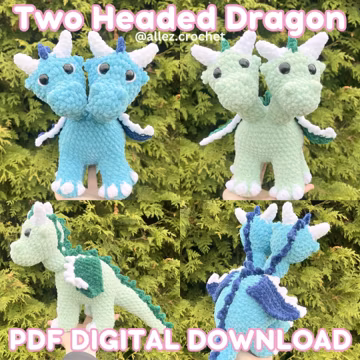 Two Headed Dragon Crochet Pattern (PDF Digital Download) Amigurumi Low Sew Pattern