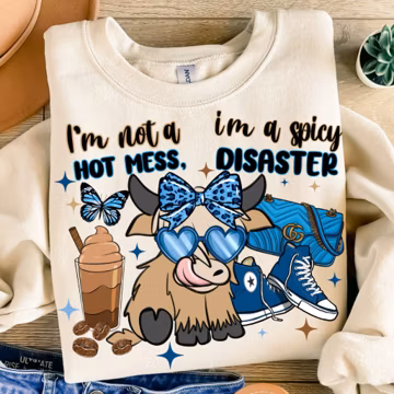 I'm not a hot mess i'm a spicy disaster png sublimation design download, hand drawn cow png, cute hefier png, animal png, designs download