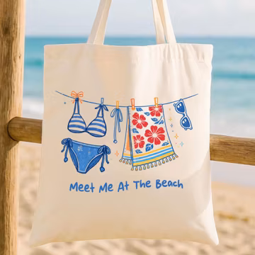 Meet Me At The Beach Cotton Canvas Shopping and Travel Reusable Shoulder Tote, Gift for Her, Beach Bag, Farmers Market, Summer Tote, Boho