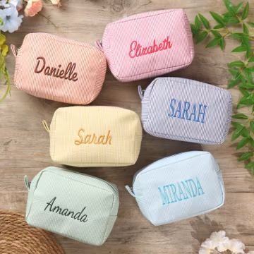 Embroidered Seersucker Makeup Bag, Custom Travel Cosmetic Bag