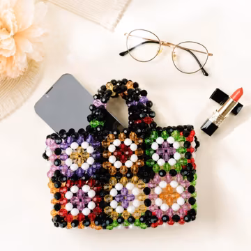 Handmade Beaded Bag, Colorful Crystal Bead Purse, Floral Pattern Crossbody Bag, Y2K Statement Handbag