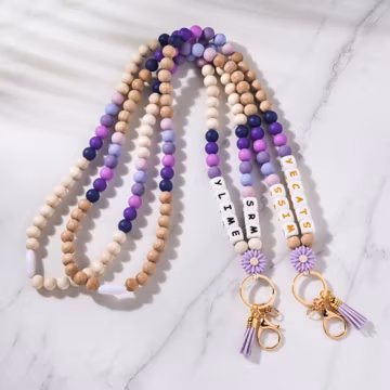 Personalized Wood Beaded Lanyard for Teachers, Purple Daisy Lanyard Custom Name Grade Title, Teaching Appreciation Present,Nurse ID Holder