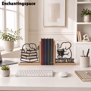 Personalized Elephant Reading Bookend Set, Metal Library Shelf Decor for Teacher, Animal Lover Gift