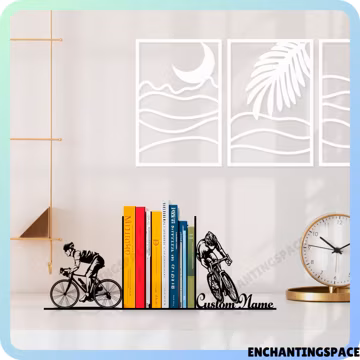 Customized Bicycle Rider Metal Bookends, Bicycle Name Bookend, Cyclist Table Sign, Rider Bookshelf Decor, Bicycle Metal Book Stand Metal Art