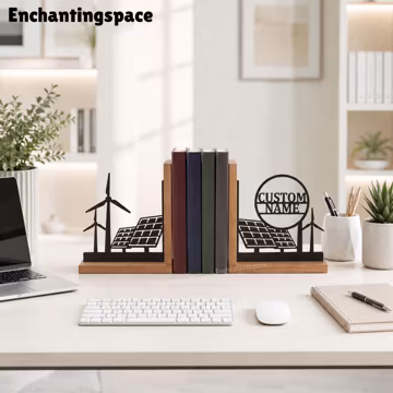 Renewable Energy Metal Bookends, Personalized Wind Turbine Solar Panel Decor for Green Engineer