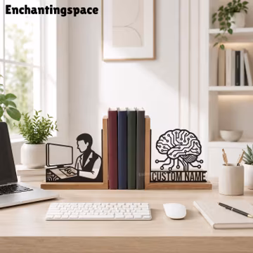 Artificial Intelligence Metal Bookends, Custom Circuit Brain Desk Organizer for Programmer, Tech Office Decor