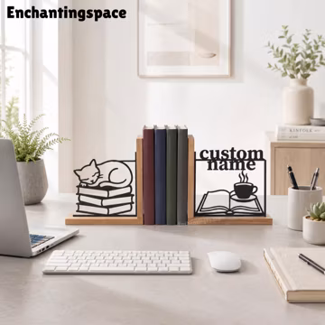 Cat Nap Metal Bookend Set, Personalized Coffee and Open Novel Shelf Decor for Cozy Reading Corner