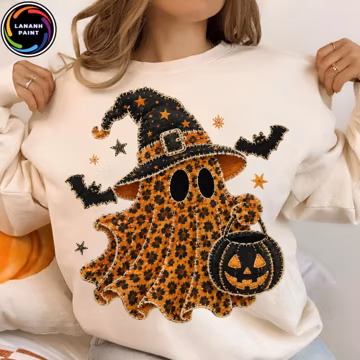 Retro Halloween Ghost PNG, Patchwork Leopard Coquette Design, Spooky Season Varsity Shirt Graphic, Girly Fall PNG, Digital File