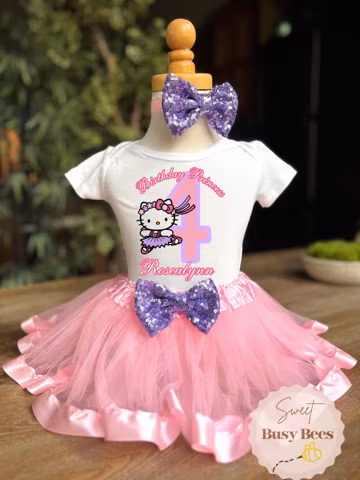 Pretty Kitty Pink Blue 4th Birthday Tutu Outfit Fourth Personalized with Name Birthday Shirt Tee Headband Dress Set