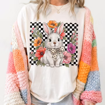 Happy Easter Bunny png, Retro Checkered Flower Bunny png, Coquette Easter Bunny png, Spring Png, Easter png, Easter Day png, Bow Bunny png