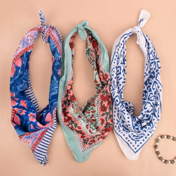 Lightweight Boho Cotton Bandana Scarf, Handblock Print Hair Or Neck Wrap, Hair Accessory, Reusable Gift Idea For Outdoor - Set of 3