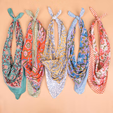 Organic Cotton Bandana Set Of 5 : Hand Block Printed Hair & Neck Wrap | Square Scarf