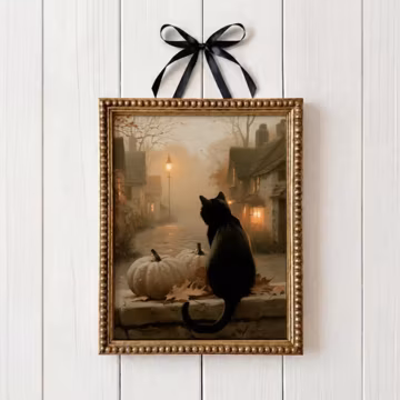 Fall Village Cat Wall Art, Autumn Cat Printable, Cozy Cottage Landscape, Vintage Countryside Art, Whimsical Woodland Decor, Halloween Art