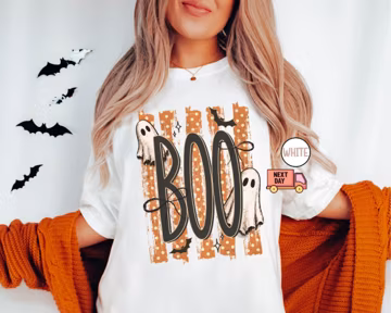 Comfort Colors® Boo Spooky Shirt, Striped Halloween Ghost T-Shirt, Spooky Season Tee, Fall Tee