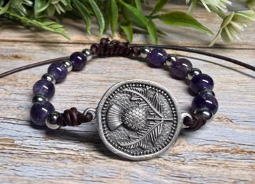 Scottish Thistle Bracelet, Amethyst Gemstone Bracelet, Genuine Leather Cord, Antique Silver Thistle Focal, Celtic Jewelry, Adjustable