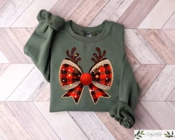 Christmas Reindeer Coquette Bow Sweatshirt, Christmas Retro Sweater, Cute Christmas Reindeer Tshirt, Christmas Gift, Womens Christmas Shirts