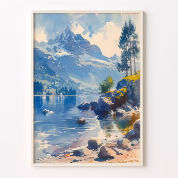 Watercolor Painting of Lac Léman, Switzerland, Art Print, Poster, Wall Art, C30-742