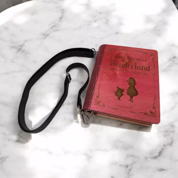 Alice's Adventures in Wonderland Wood Crossbody Book Purse with Black Strap, Through The Looking Glass, Fairytale Handbag, White Rabbit,