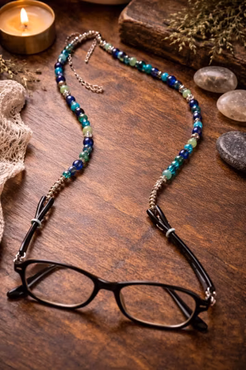 Beaded Eyeglass Holder Necklace Blue Green Crystal Reading Glasses Chain 24 Inch