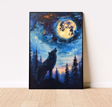 Black Wolf Full Moon Wall Art, Oil Painting, Black Wolf Landscape Poster, Moonlit Night Wolf Howling Abstract Art, Full Moon Wolf Print