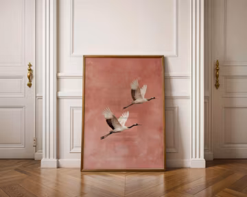 Japandi Crane Wall Art, Wabi-Sabi Decor, Scandinavian Wall Art,Minimal Birds, Neutral Tones, Flying Crane Wall Art, Blush Pink Bird Painting