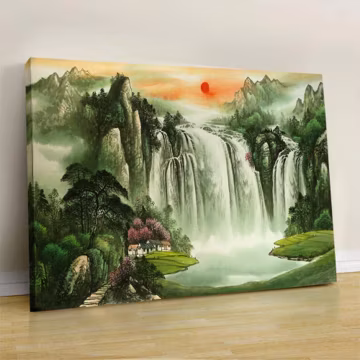 Japanese Waterfall Canvas Print: Green Landscape Wall Art