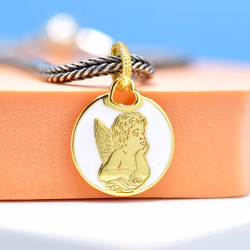 Personalized 14K Gold Plated Engravable Round Angel Charm Pendant Custom Engraving Necklace Pendants White Enamel