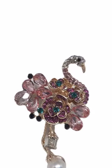 Hot Pink Crystal and Pearl Rose Flamingo Bird Brooch Pin