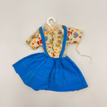 Vtg Barbie Clone Doll Dress & Hanger | Floral Top/Blue Pinafore Skirt | 1960s