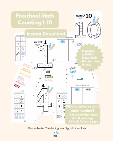 Preschool Math Starter Pack | Printable, Counting to 10, Dot the number, Cut & sort numbers (digital download)