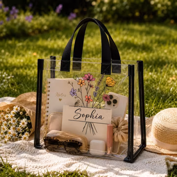 Personalized Floral Clear Tote Bag, Custom Name PVC Handbag, Stadium Approved Bag, Gift for Women, Bridesmaid, Teacher and Mom