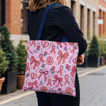 Pink Ribbon Breast Cancer Awareness Tote Bag, Hope Survivor Gift, Feminine Rose Bow Pattern Carryall, Support Her Fight