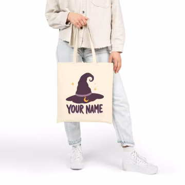 Personalized Witch Hat Tote Bag, Custom Purple Sorceress Accessory, Spooky Season Halloween Gift for Her