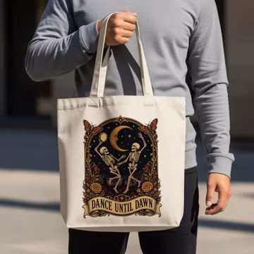 Dancing Skeletons Tote Bag | Celestial Goth Dance Until Dawn Spooky Witchy Art Dark Academia Halloween Gift Canvas Bag