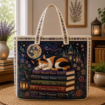 Fantasy Cat Quilted Tote Bag, Book Lover Cat Tote, Magical Reading Cat Bag, Witchy Cottagecore Tote, Cat Mom Gift SRD-UYM27