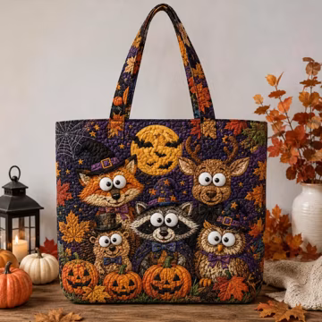 Halloween Quilted Tote Bag, Cute Woodland Animal Bag, Pumpkin Fall Tote, Fox Raccoon Owl Deer Bag, Autumn Shoulder Bag Gift ARD-3FZ35